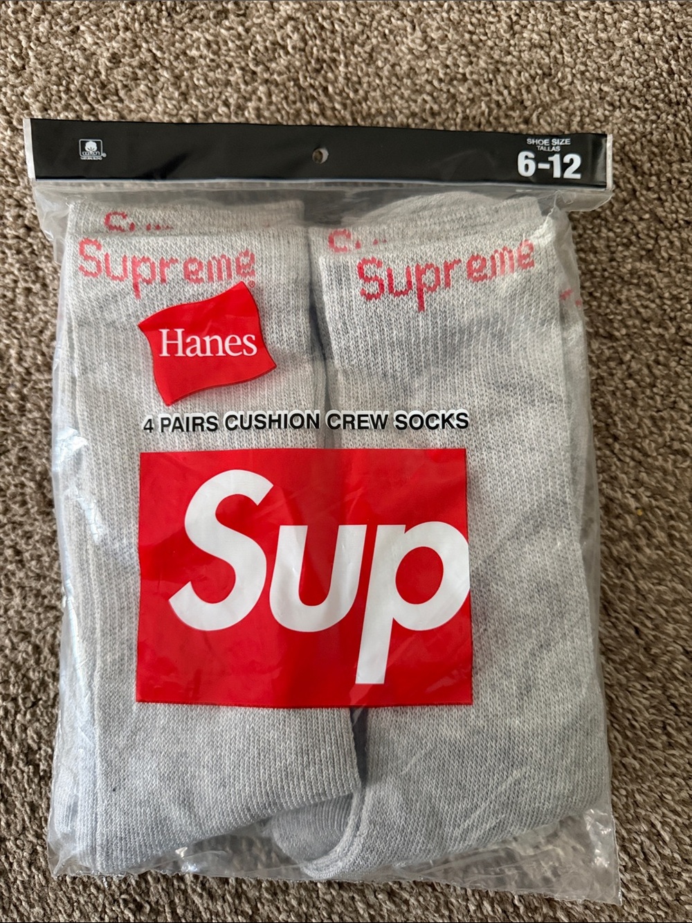 Hanes Gray Crew Socks with Red Supreme Logo - 4 Pack
